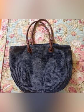 Talbots Woven Navy Tote with Brown Braided Handles